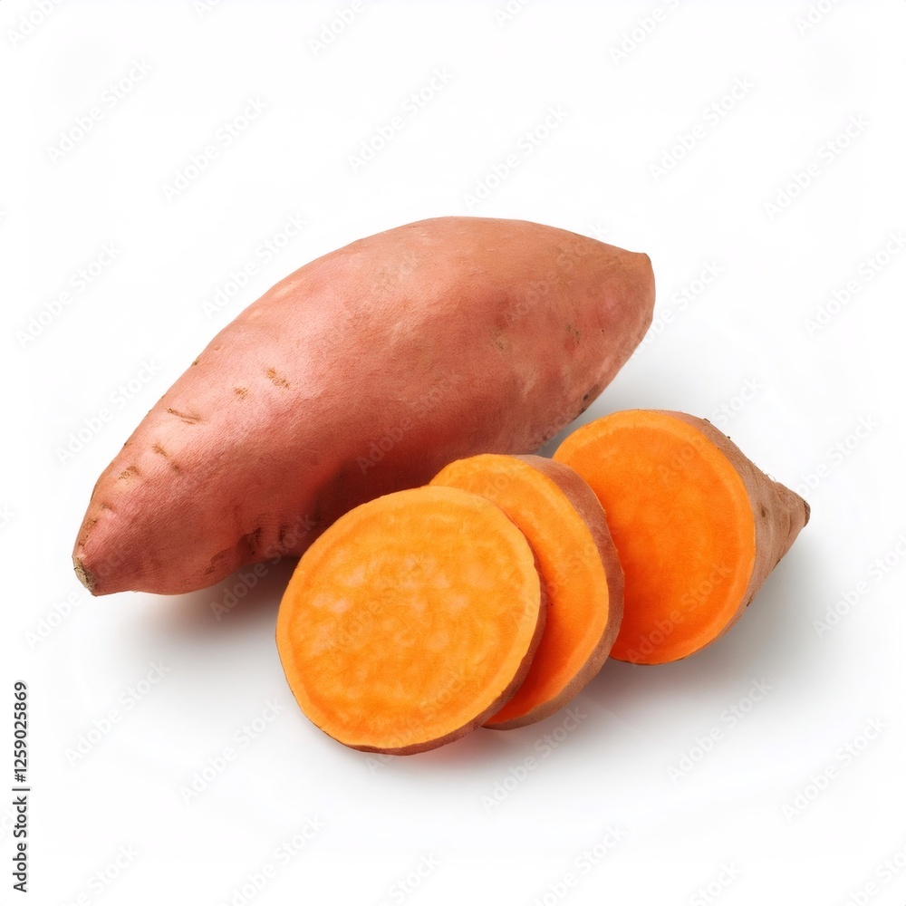 Sweet potato halved and sliced, revealing vibrant orange interior against pristine white surface Sweet potato halved and sliced, revealing vibrant orange interior against pristine white surface