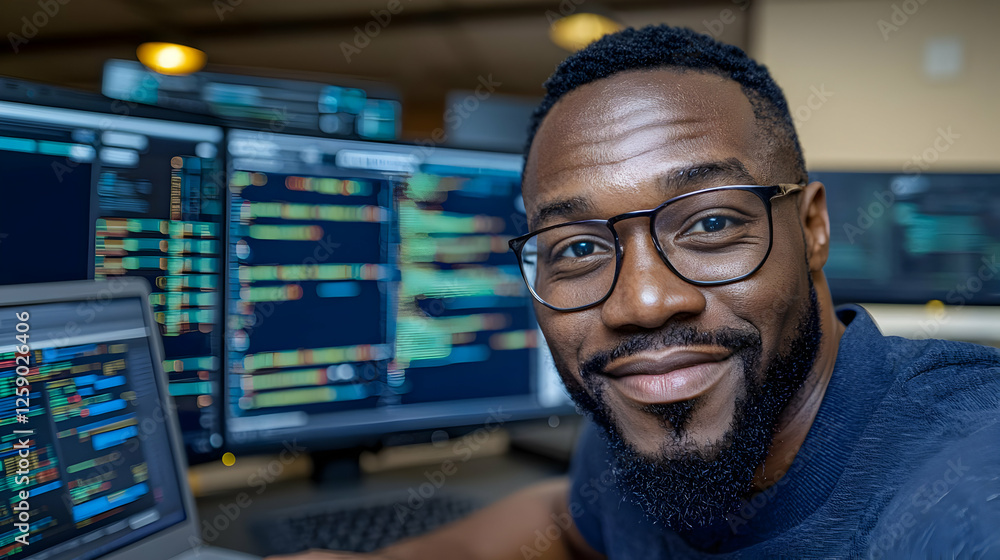Smiling programmer coding at night office Smiling programmer coding at night office