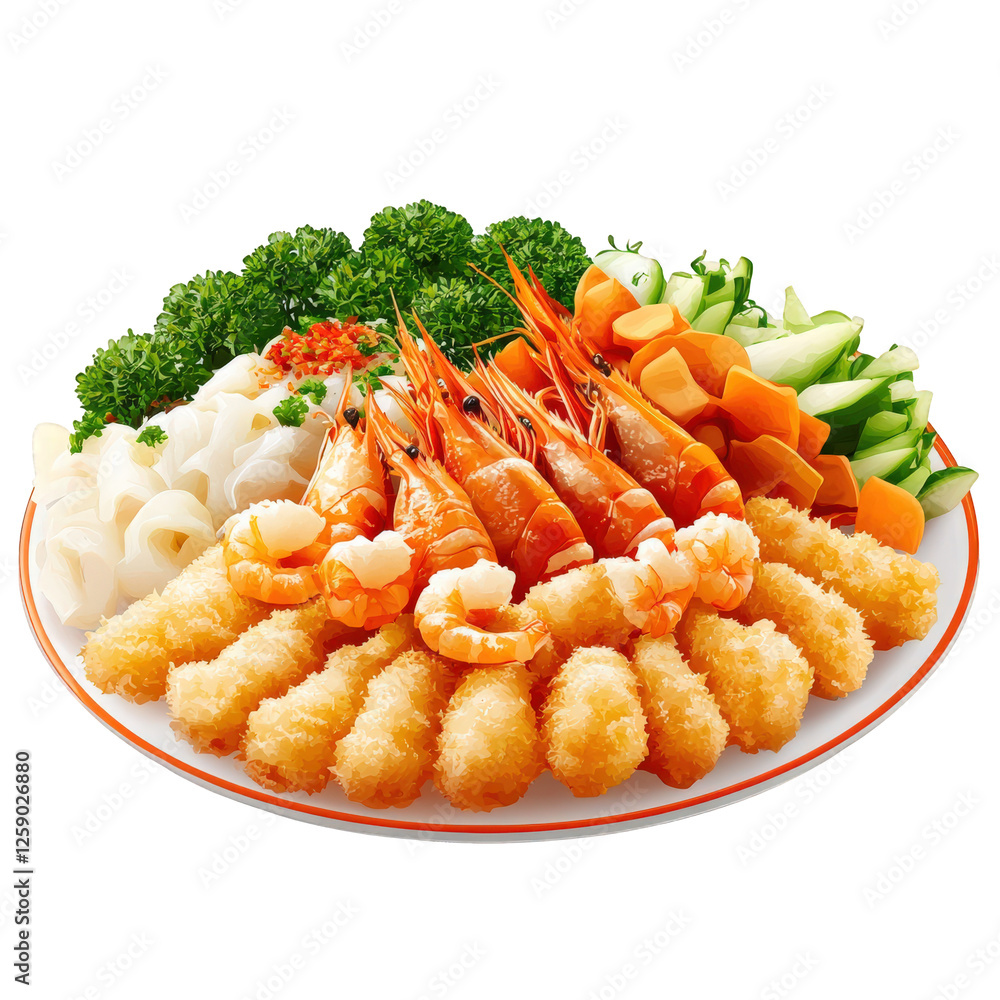 A visually appealing seafood platter, tender shrimp and battered fish fillet delicately arranged on a plate, complemented with fresh vegetables and crunchy toppings, transparent background, PNG A visually appealing seafood platter, tender shrimp and battered fish fillet delicately arranged on a plate, complemented with fresh vegetables and crunchy toppings, transparent background, PNG