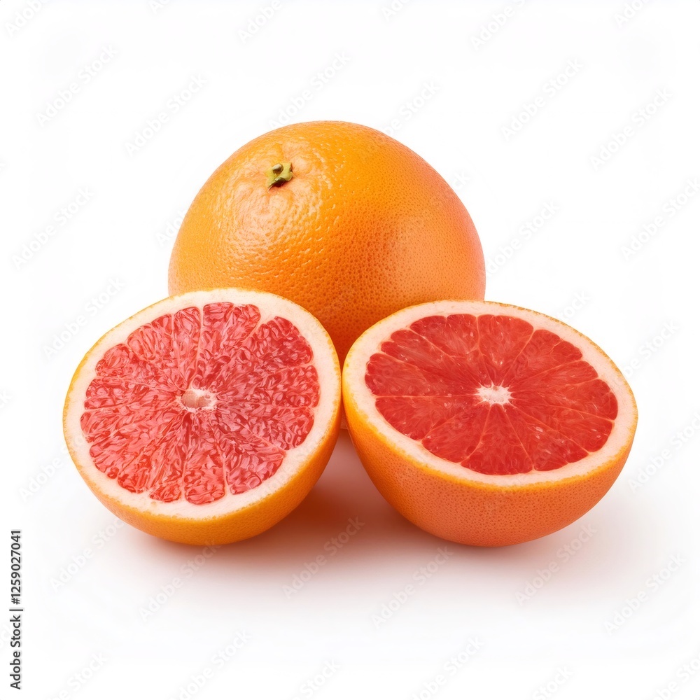 Halved ripe grapefruit displaying vibrant red pulp against pristine white backdrop Halved ripe grapefruit displaying vibrant red pulp against pristine white backdrop