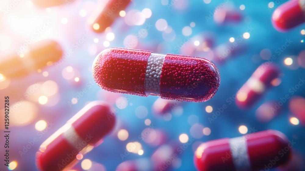 Microscopic View of Red and White Capsules: A Close-Up on Pharmaceutical Medicine Microscopic View of Red and White Capsules: A Close-Up on Pharmaceutical Medicine