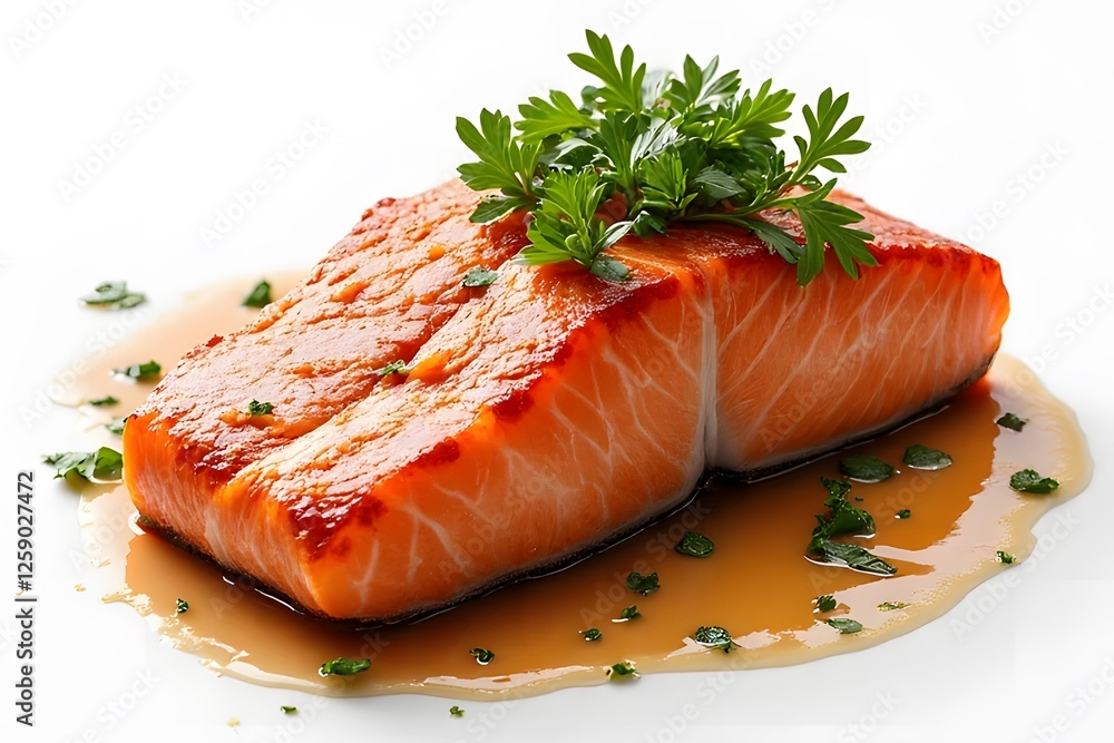 Salmon steak with smoked salmon and parsley on a plate Salmon steak with smoked salmon and parsley on a plate