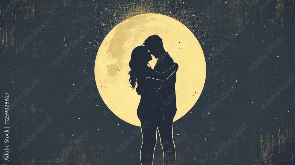 A stunning digital artwork of a couple in silhouette sharing an intimate moment against a glowing full moon. The illustration features a textured dark background and celestial elements. AI generated. A stunning digital artwork of a couple in silhouette sharing an intimate moment against a glowing full moon. The illustration features a textured dark background and celestial elements. AI generated.