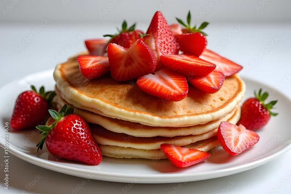 Delicious stack of pancakes with fresh strawberries, cream, and syrup on a white plate Delicious stack of pancakes with fresh strawberries, cream, and syrup on a white plate