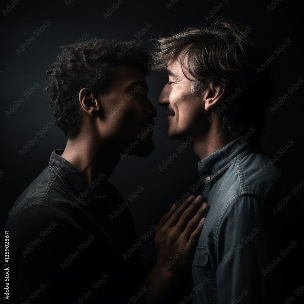 Two guys standing very close to each other, looking into each other's eyes Two guys standing very close to each other, looking into each other's eyes