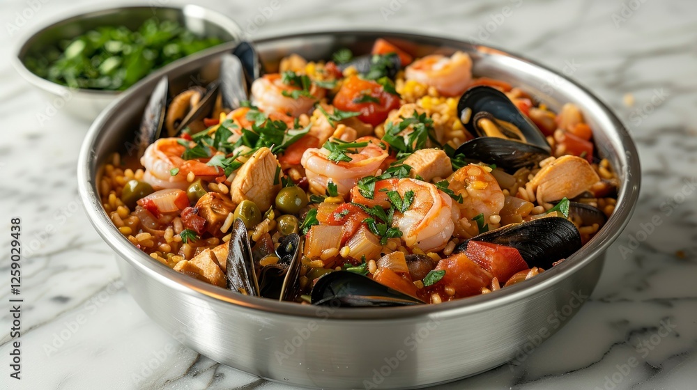Fototapeta premium Traditional seafood dish prepared with shrimp, mussels, and vegetables in a large metal pan on a marble surface in a cozy kitchen setting