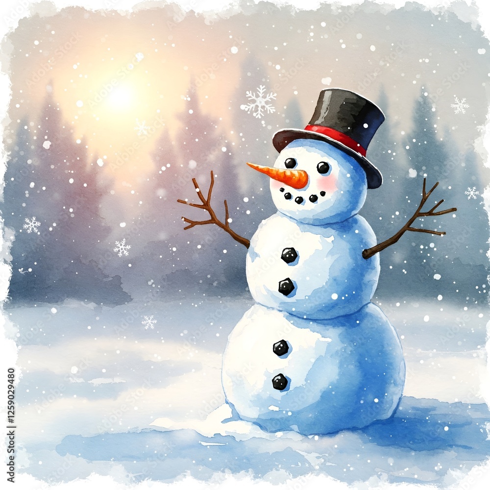 Fototapeta premium Happy smiling snowman with hat in a snowy winter day and sun is shining, snowflakes are falling 
