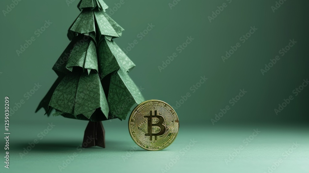 A stylish origami Christmas tree paired with a Bitcoin coin, symbolizing the fusion of holiday traditions and modern cryptocurrency. The green-toned background and soft lighting enhance the festive