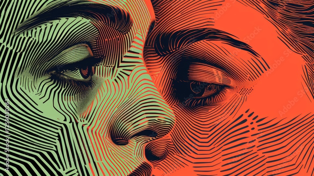 A highly detailed abstract illustration showing two overlapping human faces, filled with geometric and organic line patterns in striking color contrasts. AI generated.