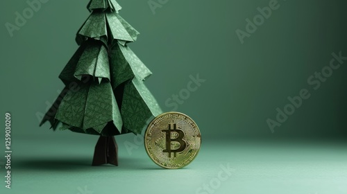 Obraz na płótnie A stylish origami Christmas tree paired with a Bitcoin coin, symbolizing the fusion of holiday traditions and modern cryptocurrency. The green-toned background and soft lighting enhance the festive w salonie