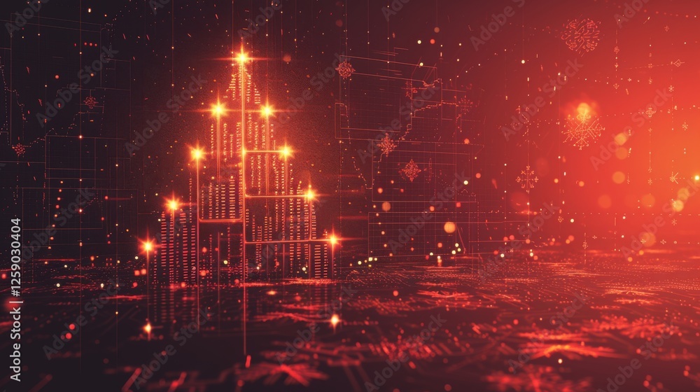 A futuristic Christmas tree made of glowing financial data, illuminated by warm digital lights, symbolizing financial prosperity and technology-driven holiday celebrations. AI generated.