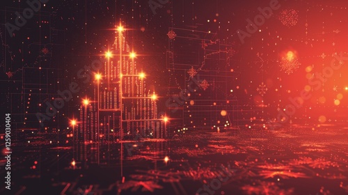 Obraz na płótnie A futuristic Christmas tree made of glowing financial data, illuminated by warm digital lights, symbolizing financial prosperity and technology-driven holiday celebrations. AI generated. w salonie