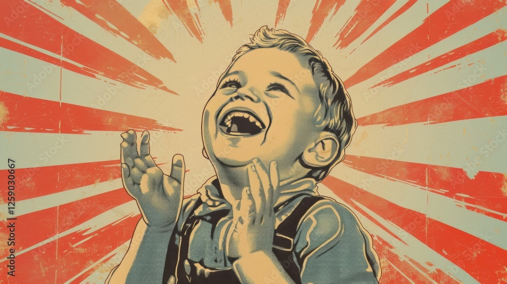 A digitally stylized pop art image featuring a cheerful child laughing, set against a dynamic sunburst pattern in a vintage-inspired color scheme. AI generated.