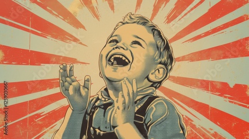 Obraz na płótnie A digitally stylized pop art image featuring a cheerful child laughing, set against a dynamic sunburst pattern in a vintage-inspired color scheme. AI generated. w salonie