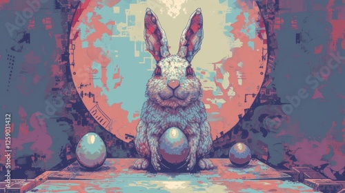 A digitally rendered rabbit in a sci-fi setting, surrounded by glowing eggs and a cybernetic environment. This AI-generated piece blends nature with technology, creating a cyber-fantasy atmosphere. AI