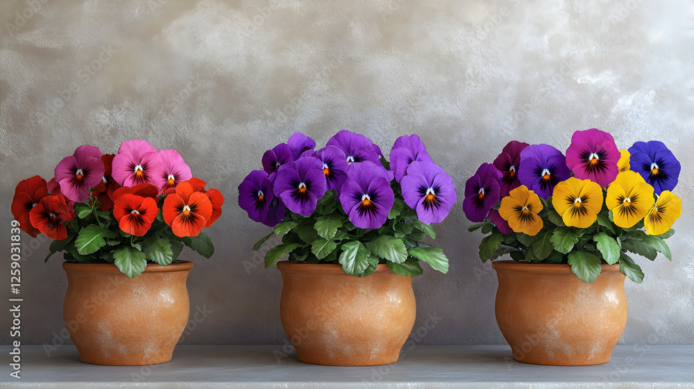 Fototapeta premium Three pots of colorful pansies in front of a pretty gray wall to show them off