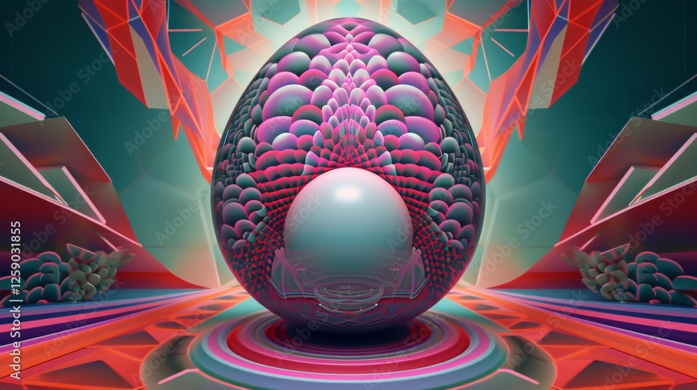 A striking surreal digital egg with intricate layered textures and futuristic hues, creating a mesmerizing three-dimensional effect. A concept art piece blending sci-fi and fantasy. AI generated.