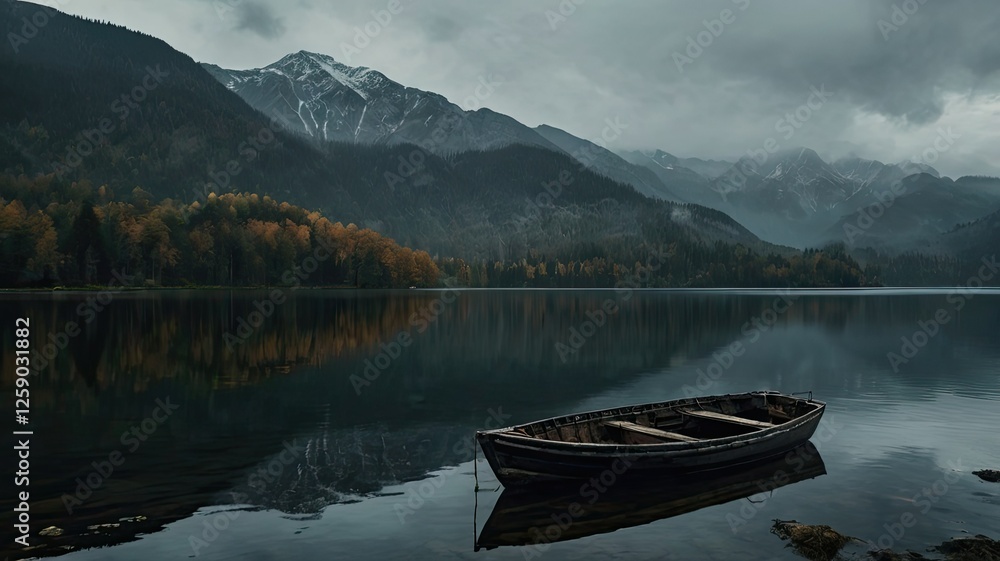 Obraz premium A solitary wooden boat rests peacefully on tranquil waters that mirror the mountains and moody skies in the background. Autumn colors add warmth to the scene
