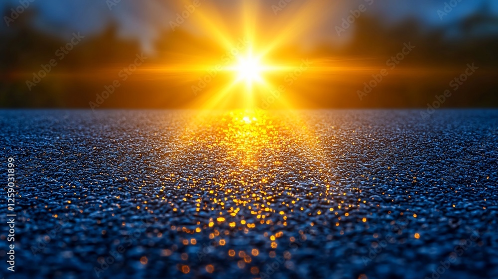 Obraz premium Sunrise over asphalt road, sun rays reflecting, nature background, travel imagery