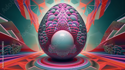 Obraz na płótnie A striking surreal digital egg with intricate layered textures and futuristic hues, creating a mesmerizing three-dimensional effect. A concept art piece blending sci-fi and fantasy. AI generated. w salonie
