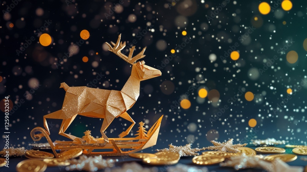 A shimmering golden origami reindeer pulling a sleigh, surrounded by glowing Bitcoin coins and snowfall, evoking a modern financial holiday theme. AI generated.