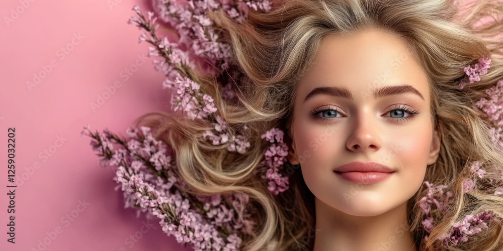 Naklejka premium Young caucasian female with blonde hair and blossoms on pink background