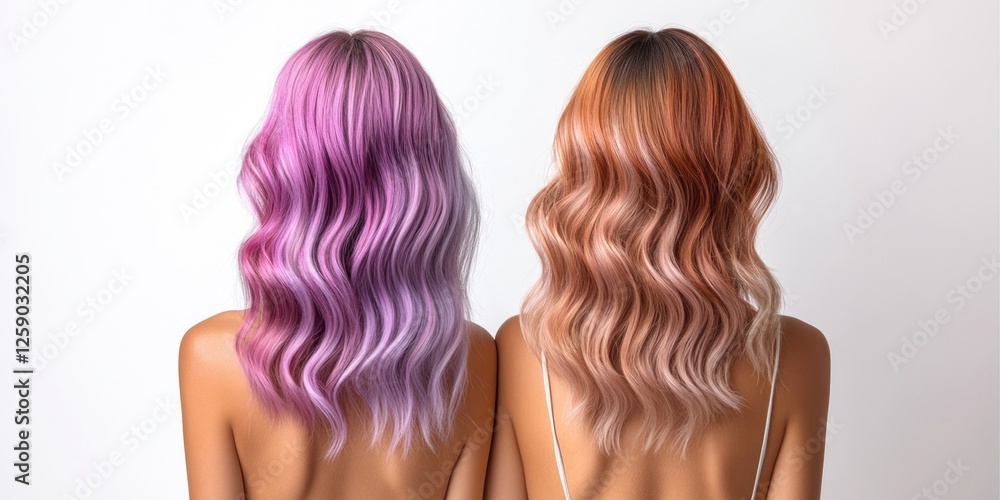 Naklejka premium Back view of two women with vibrant wavy hair in lavender and peach colors
