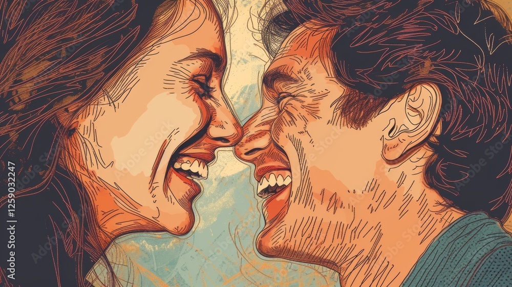A highly detailed hand-drawn style illustration of a couple laughing and looking into each other's eyes, featuring textured line work and warm colors. AI generated.
