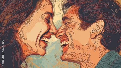 Obraz na płótnie A highly detailed hand-drawn style illustration of a couple laughing and looking into each other's eyes, featuring textured line work and warm colors. AI generated. w salonie