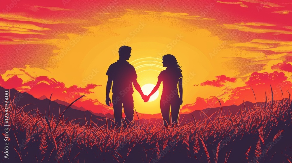 A vibrant digital illustration of a couple holding hands against a glowing sunset. The warm color palette and scenic landscape create a dreamy, romantic atmosphere. AI generated.