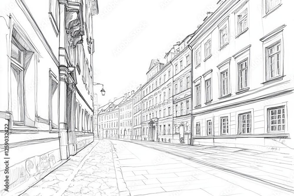 Sketch, European street, cobblestone, buildings, architecture, city, design, background, illustration, travel Sketch, European street, cobblestone, buildings, architecture, city, design, background, illustration, travel