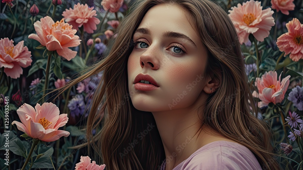 A young woman gazes thoughtfully while standing amidst vibrant flowers in a garden enjoying the soft light of late afternoon as she embraces natures beauty A young woman gazes thoughtfully while standing amidst vibrant flowers in a garden enjoying the soft light of late afternoon as she embraces natures beauty