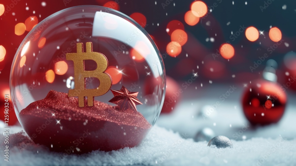 A stylized 3D render of a Bitcoin snow globe filled with red festive decorations, glowing holiday lights, and a snowy setting, evoking a warm and luxurious holiday mood. AI generated.