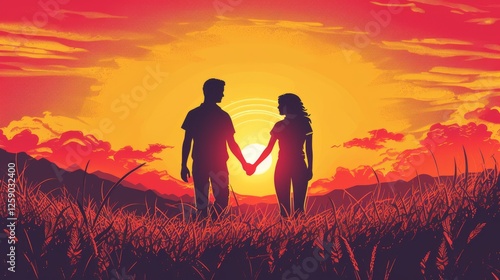Obraz na płótnie A vibrant digital illustration of a couple holding hands against a glowing sunset. The warm color palette and scenic landscape create a dreamy, romantic atmosphere. AI generated. w salonie