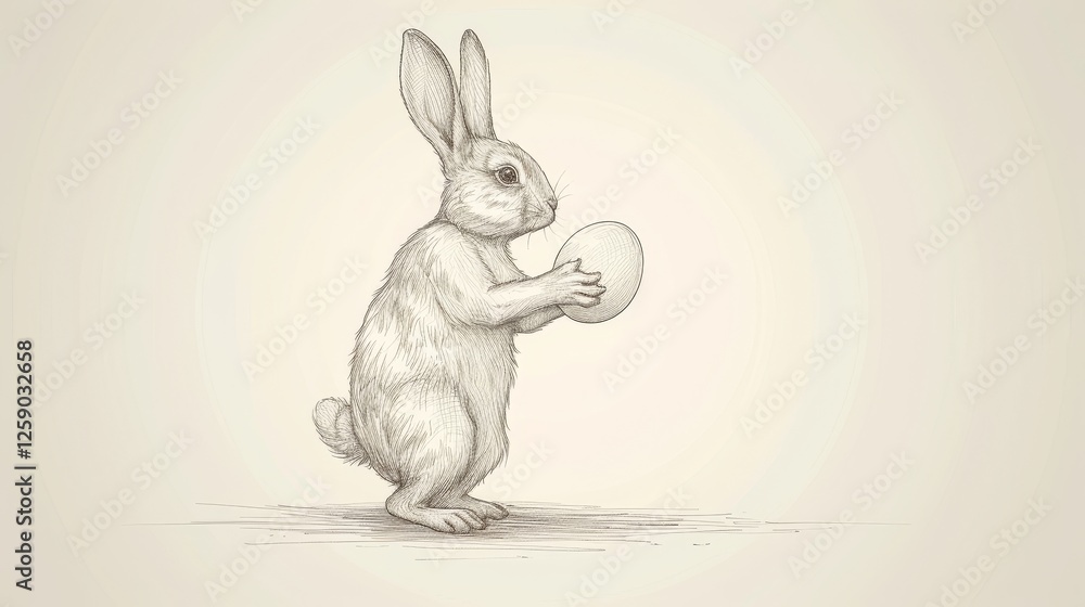 A finely detailed pencil drawing of a rabbit in profile, standing on its hind legs while holding an egg. The monochromatic illustration exudes a vintage artistic charm. AI generated.