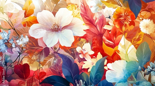 Wallpaper Mural Colorful flowers and leaves poster background vector illustration. Exotic plants, branches, flowers and leaves art print for beauty, fashion and natural Torontodigital.ca