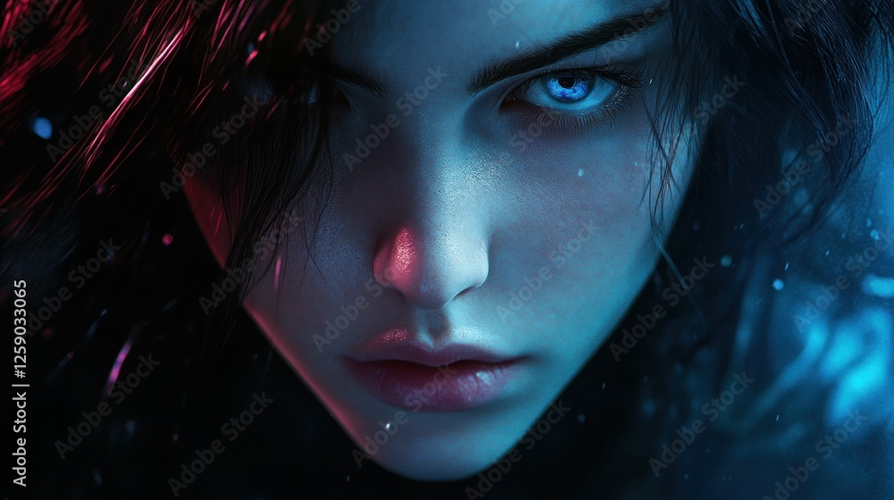 Close-up portrait of a woman with intense blue eyes and dark hair, lit with blue and red hues. Close-up portrait of a woman with intense blue eyes and dark hair, lit with blue and red hues.