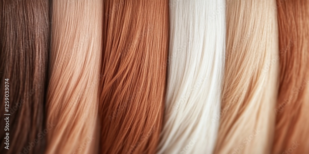 Fototapeta premium Variety of hair colors and textures displayed in vertical strands