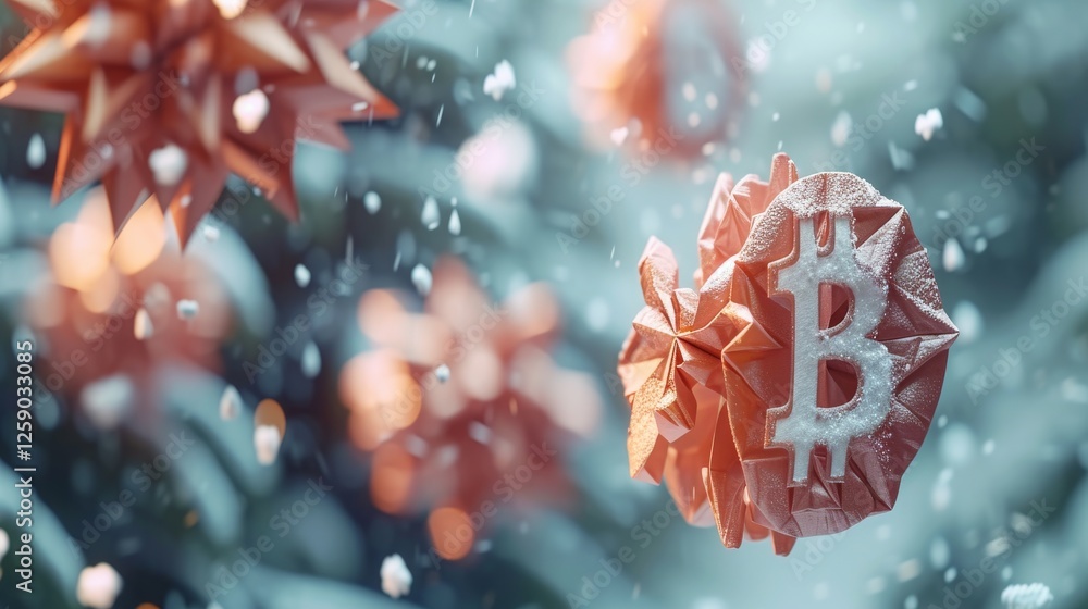 Floating origami-style Christmas ornaments with Bitcoin engravings, surrounded by soft snowfall. A visually striking representation of holiday spirit and digital finance. AI generated.