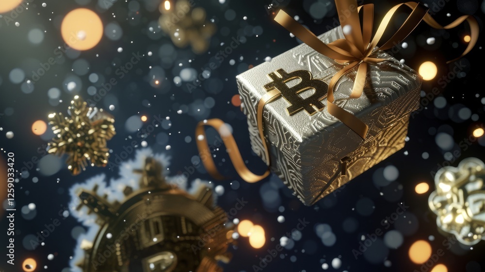 A sparkling golden gift box adorned with a Bitcoin logo, surrounded by festive decorations, snowflakes, and bokeh lights, perfect for holiday-themed visuals. AI generated.
