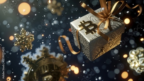 A sparkling golden gift box adorned with a Bitcoin logo, surrounded by festive decorations, snowflakes, and bokeh lights, perfect for holiday-themed visuals. AI generated.