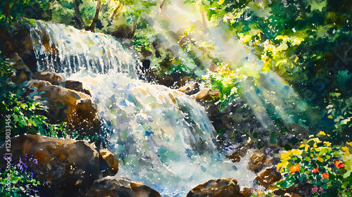 Serene Waterfall in Lush Forest A Watercolor Painting