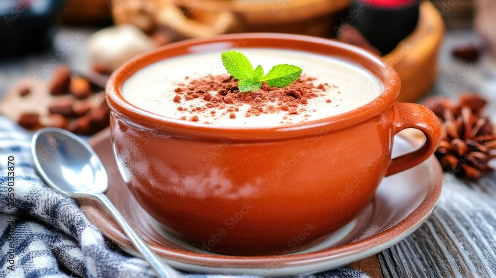 Warm cinnamon-spiced cappuccino in orange mug with mint garnish on wooden table Warm cinnamon-spiced cappuccino in orange mug with mint garnish on wooden table
