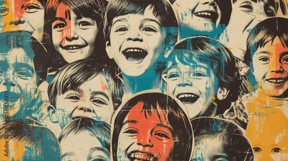 A vibrant digital collage blending pop art aesthetics with expressive children's faces. Features abstract paint splashes and a lively color palette. AI generated.