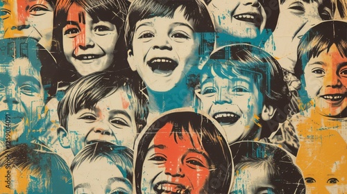 Obraz na płótnie A vibrant digital collage blending pop art aesthetics with expressive children's faces. Features abstract paint splashes and a lively color palette. AI generated. w salonie