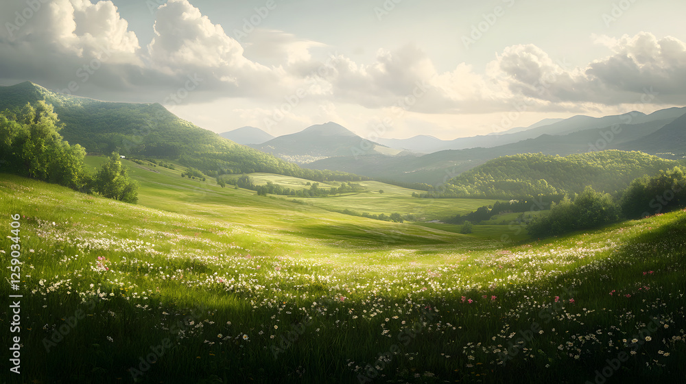 Obraz premium Serene Rolling Hills and Wildflower Meadow Landscape