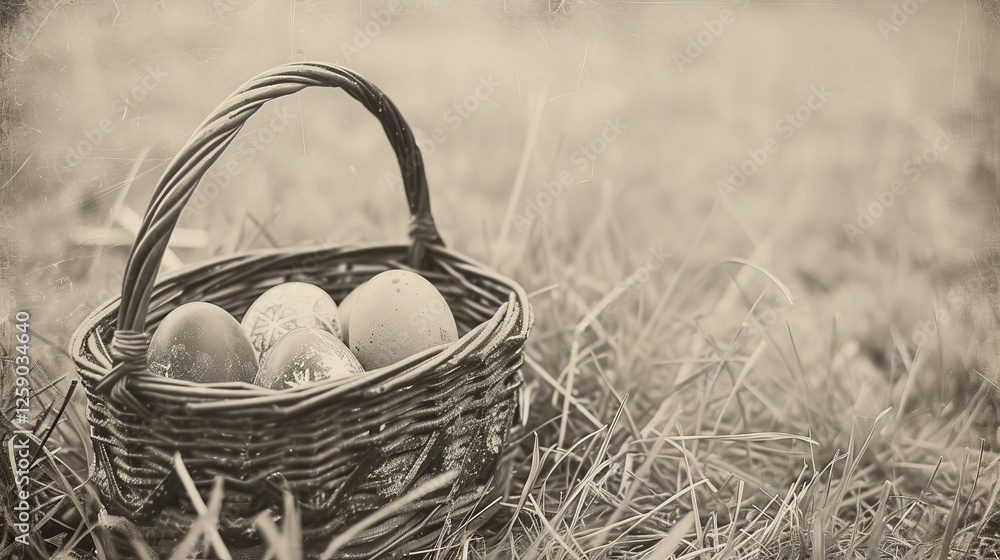 A rustic, vintage-style sepia-toned photograph of an Easter basket filled with decorated eggs, placed on a grassy field, evoking nostalgia and tradition. AI generated.