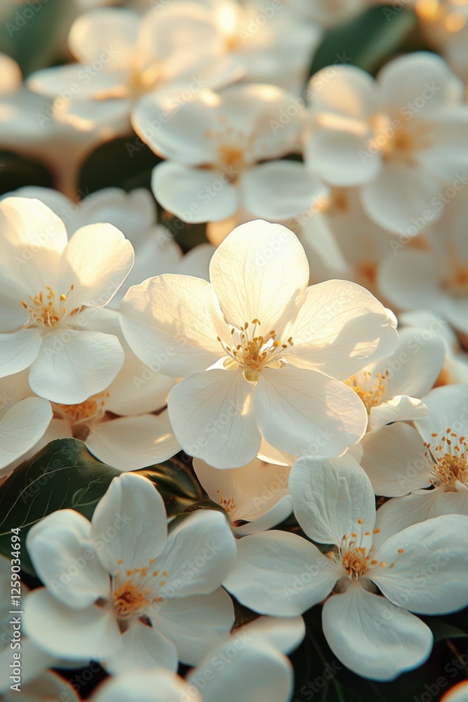 Obraz premium White blossoms fill the frame in gentle sunlight during spring's awakening in a garden
