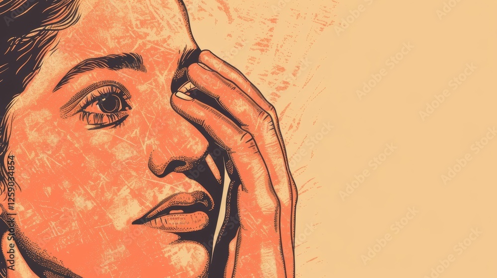 A detailed digital illustration of a woman with deep, expressive eyes, her hand resting on her face. The stylized artwork has a textured, warm-toned design. AI generated.