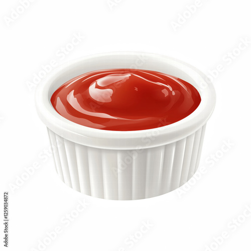 Realistic cup of red ketchup with smooth texture in white ramekin, classic condiment for food, isolated on transparent background. Generative Ai. photo